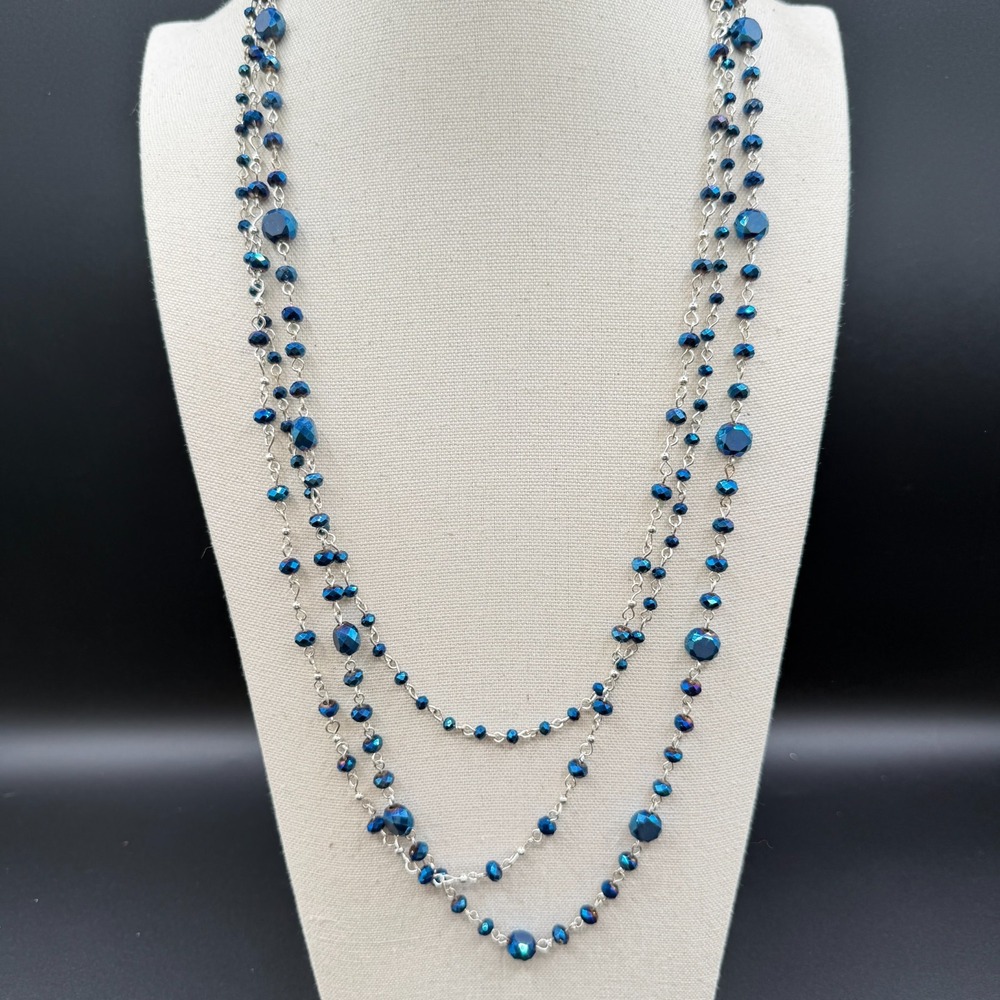 Blue Faceted Bead Multi Strand Necklace Silver Tone Layered Statement Y2K Gift